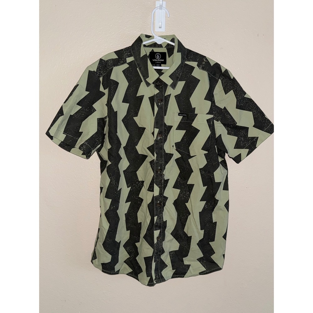 Volcom Boys Large 12-14 Short Sleeve Button Down Shirt Green Black Surf Skate
